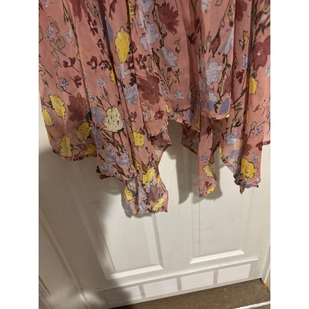 Wonderly Midi Dress Sheer Asymmetrical Hem Boho Flirty Pink Floral‎ Medium H245